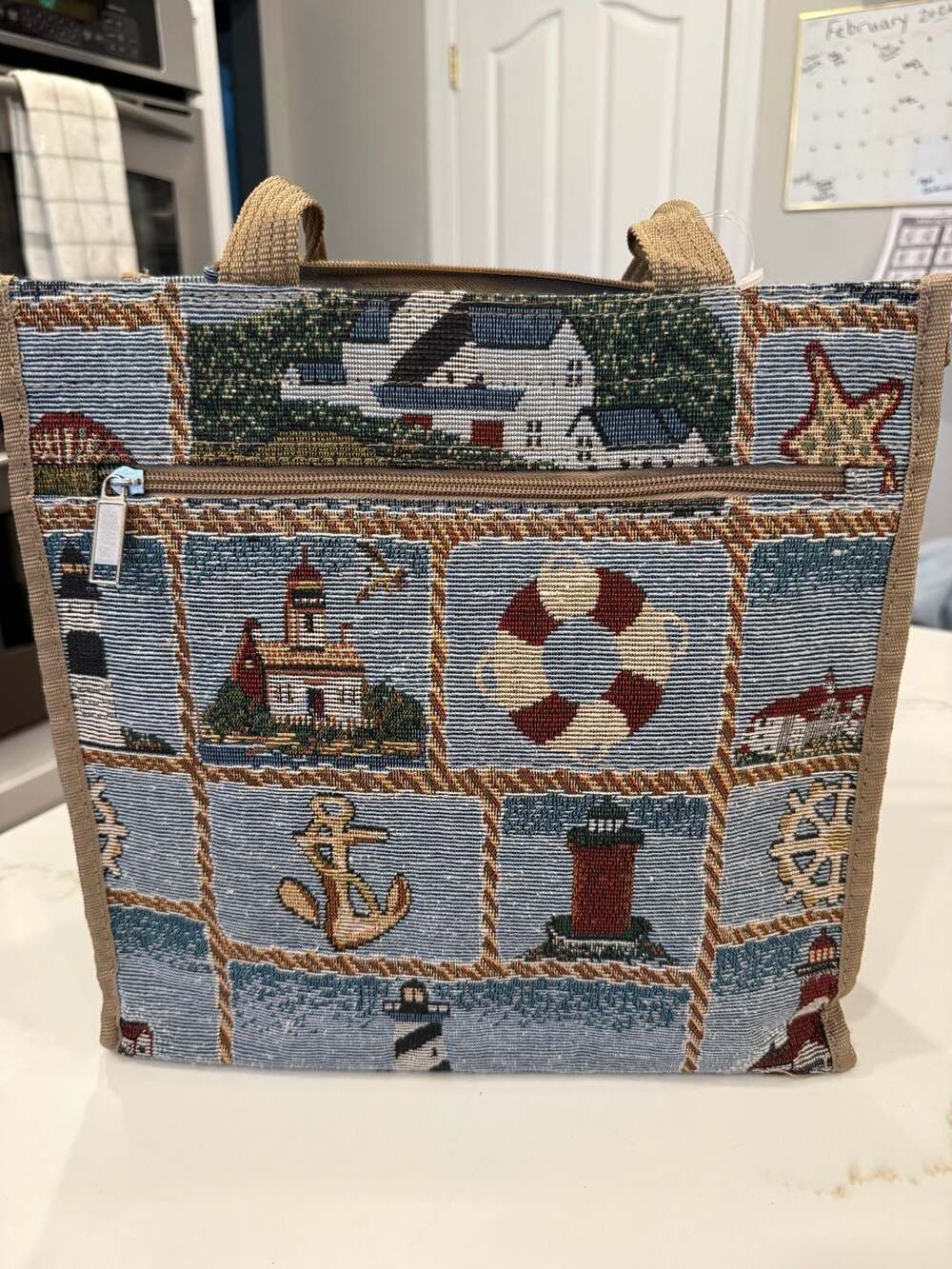 Jade Nautical Lighthouse Woven Tapestry Zippered Tote Bag with Change Purse - Picture 2 of 4